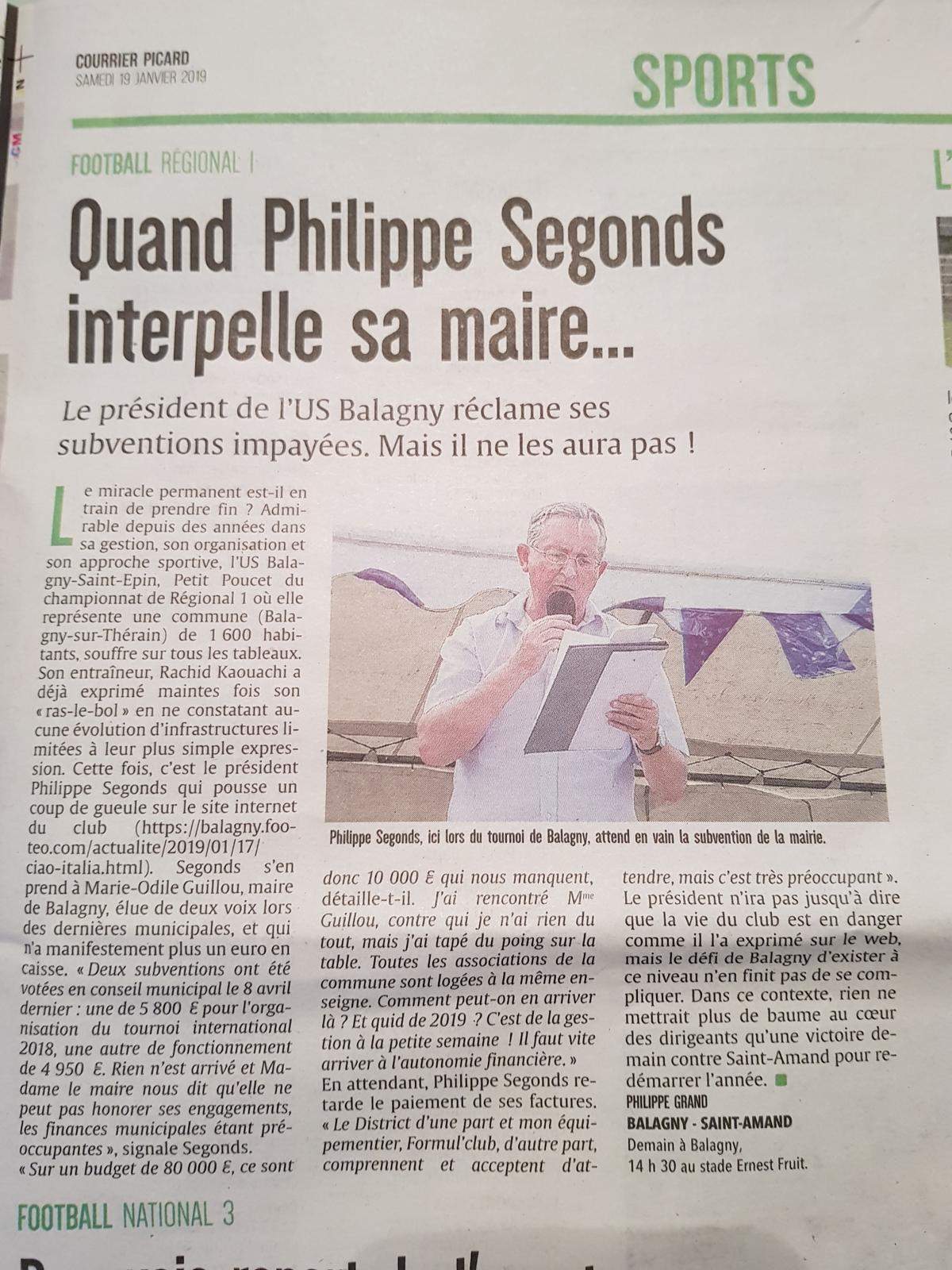 Actualité Article du courrier Picard club Football US BALAGNY ST