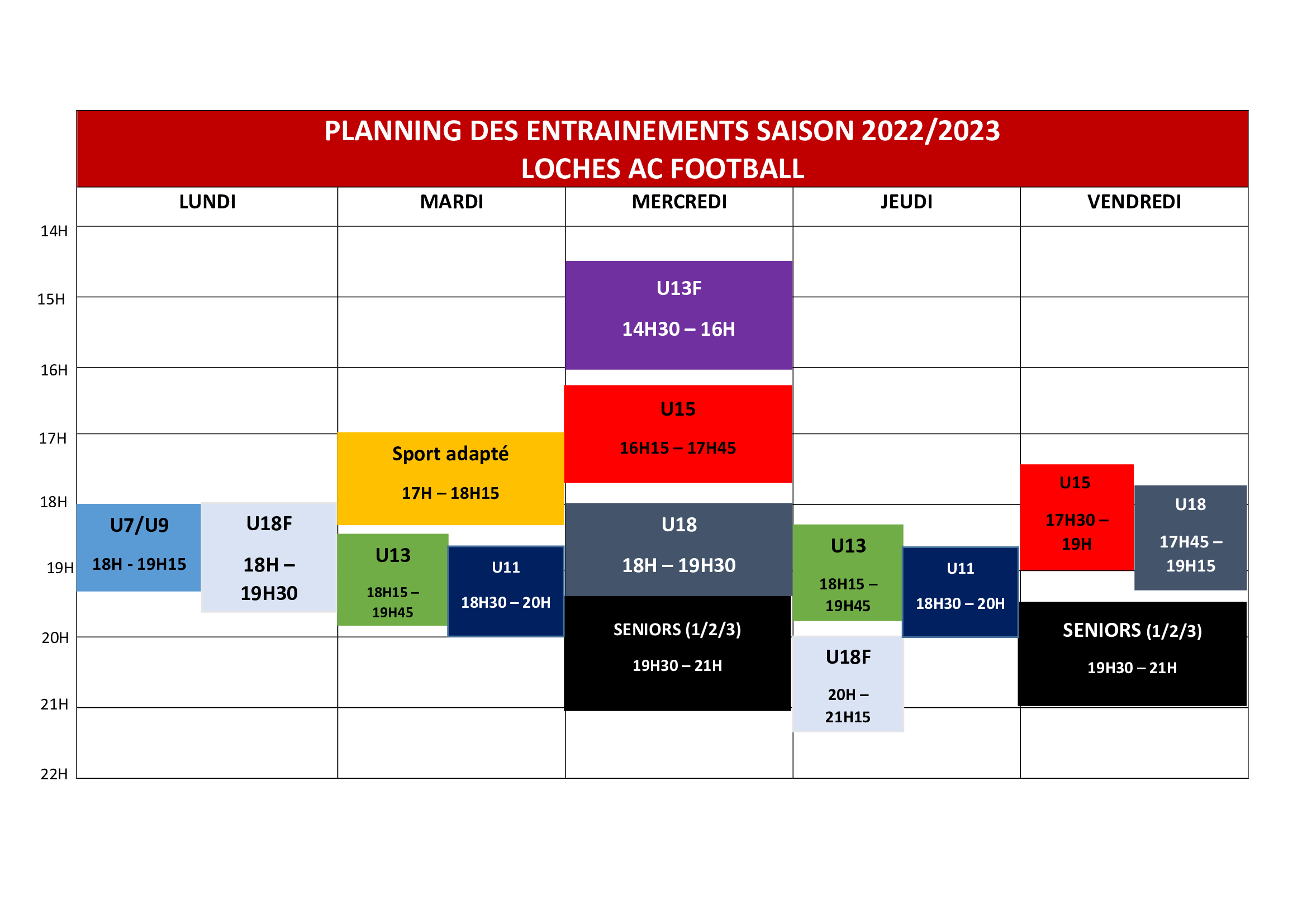 Actualité planning des entraînements pour la saison club