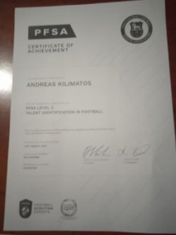 Kilimatos Andreas scout/CERTIFICATE NUMBER KILI745298A MEMBERSHIP NUMBER AN229113K - Jupiter Academy Football Club