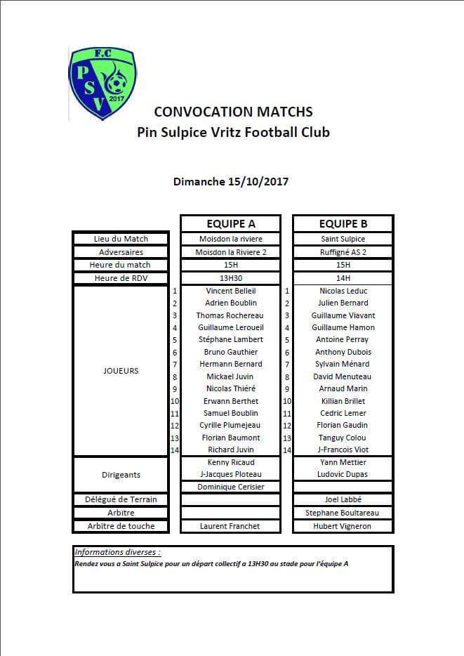 Actualité - Convocation 15/10/2017 - club Football Association Sportive Sulpicienne - Footeo