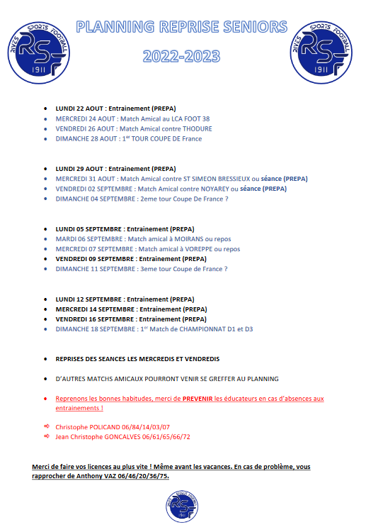 Actualité - PLANNING REPRISE SENIORS 2022-2023 - Club Football RIVES ...