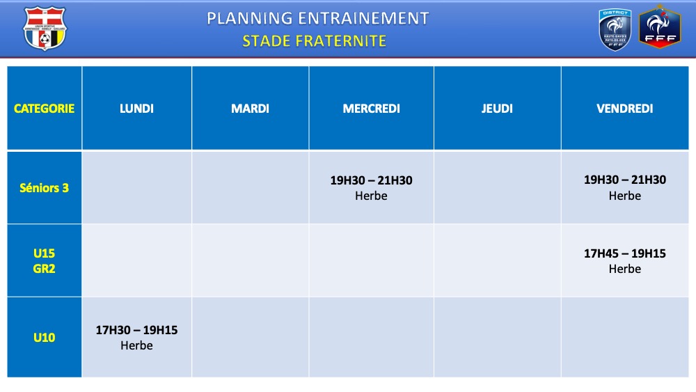 Planning Terrain Entraînement club Football U.S. Annemasse Ambilly