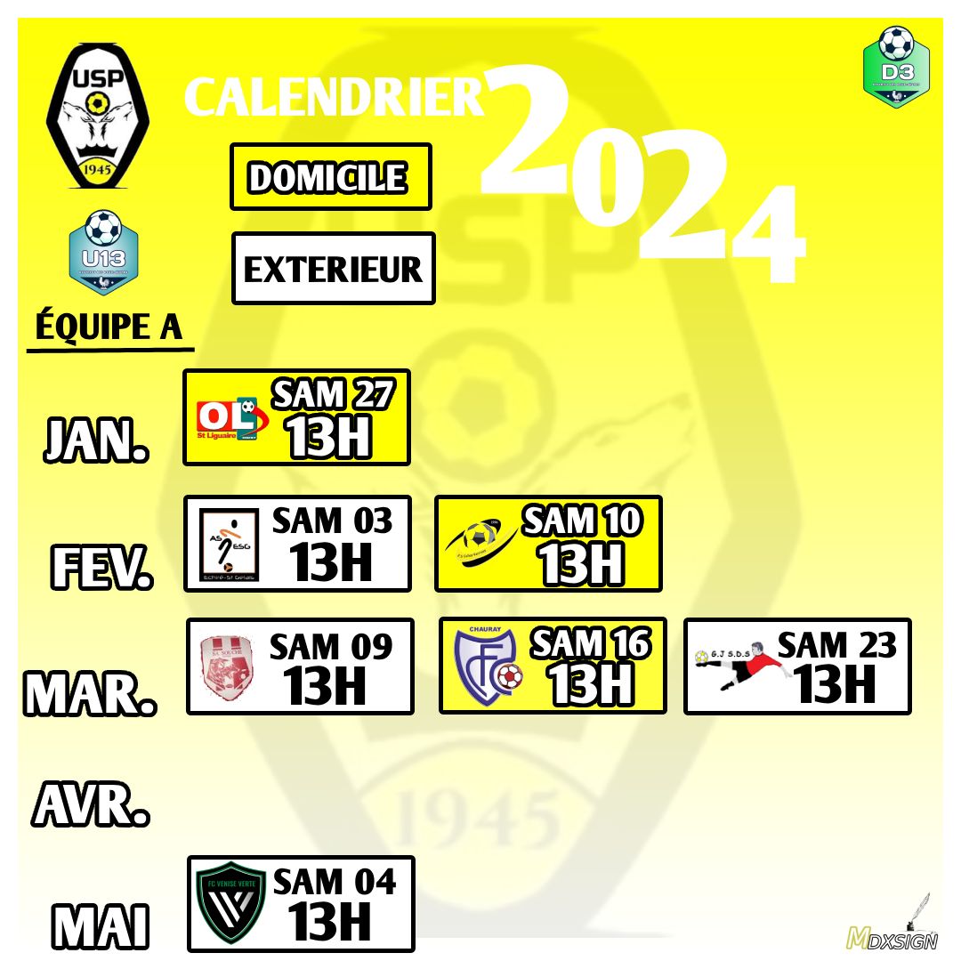 CALENDRIER 2024 - U13 A - Club Football UNION SPORTIVE PEXINOISE - Footeo